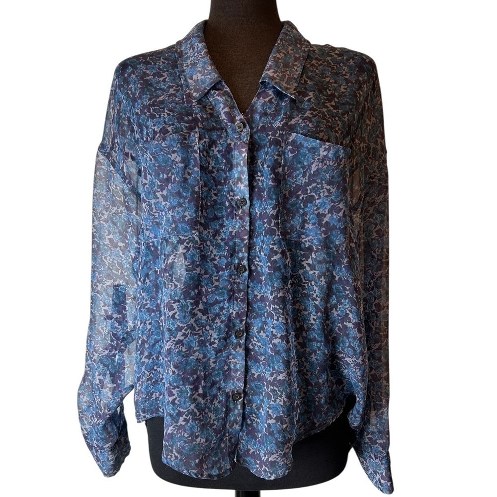 Free People Purple and Blue Floral Hippie Lo Hi Blouse Whimsical Blouse SZ M